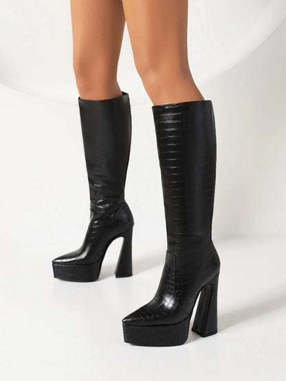 Women Pointed Toe Chunky Heel Platform Knee High Boots