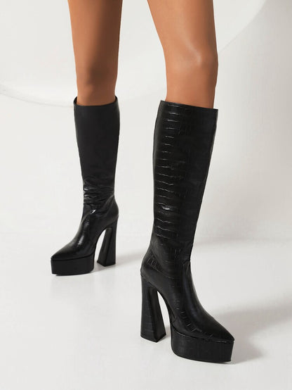 Women Pointed Toe Chunky Heel Platform Knee High Boots