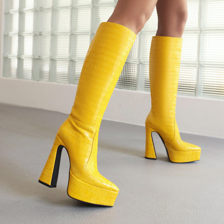 Women Pointed Toe Chunky Heel Platform Knee High Boots