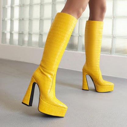 Women Pointed Toe Chunky Heel Platform Knee High Boots