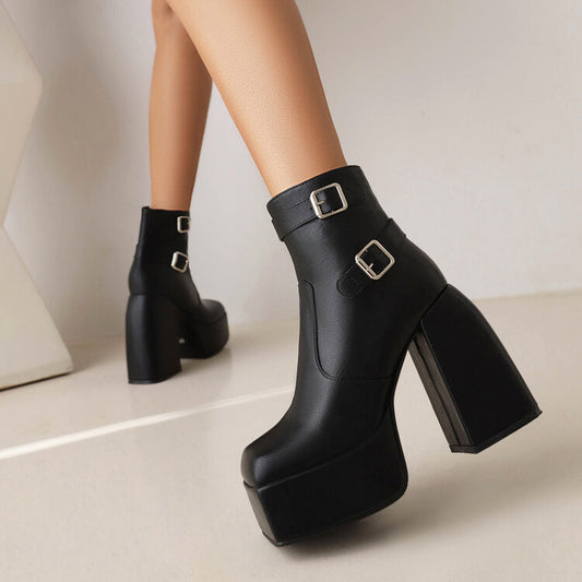 Women Open Toe Buckle Straps Block Chunky Heel Platform Ankle Boots