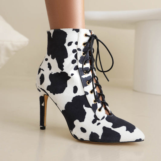 Women Cow Leopard Print Pointed Toe Lace-Up Stiletto Heel Ankle Boots