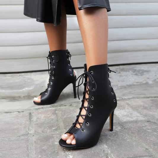 Women Peep Toe Lace-Up Round Toe Stiletto Heel Ankle Boots