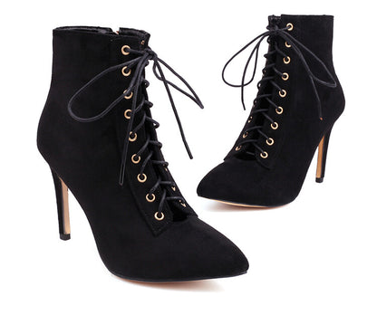 Women Pointed Toe Lace-Up Side Zippers Stiletto Heel Ankle Boots