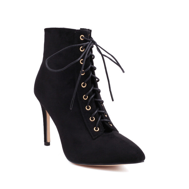 Women Pointed Toe Lace-Up Side Zippers Stiletto Heel Ankle Boots