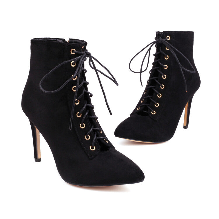 Women Pointed Toe Lace-Up Side Zippers Stiletto Heel Ankle Boots