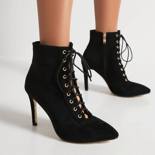 Women Pointed Toe Lace-Up Side Zippers Stiletto Heel Ankle Boots