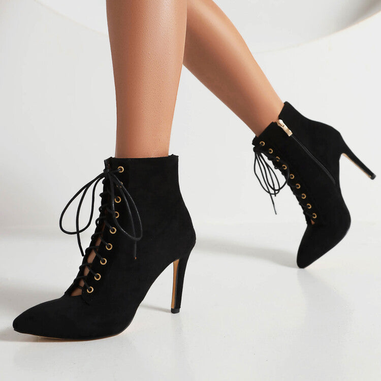 Women Pointed Toe Lace-Up Side Zippers Stiletto Heel Ankle Boots