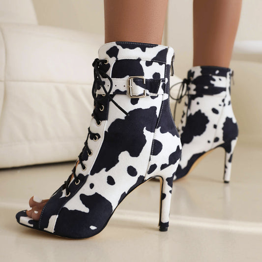 Women Cow Leopard Print Peep Toe Lace-Up Stiletto Heel Ankle Boots