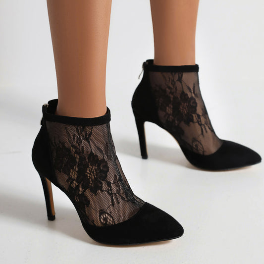 Women Pointed Toe Lace Back Zippers Stiletto Heel Ankle Boots