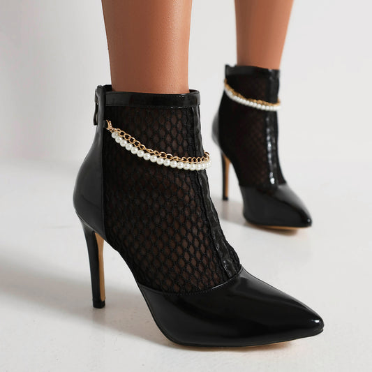 Women Glossy Pointed Toe Mesh Pearls Chains Stiletto Heel Ankle Boots