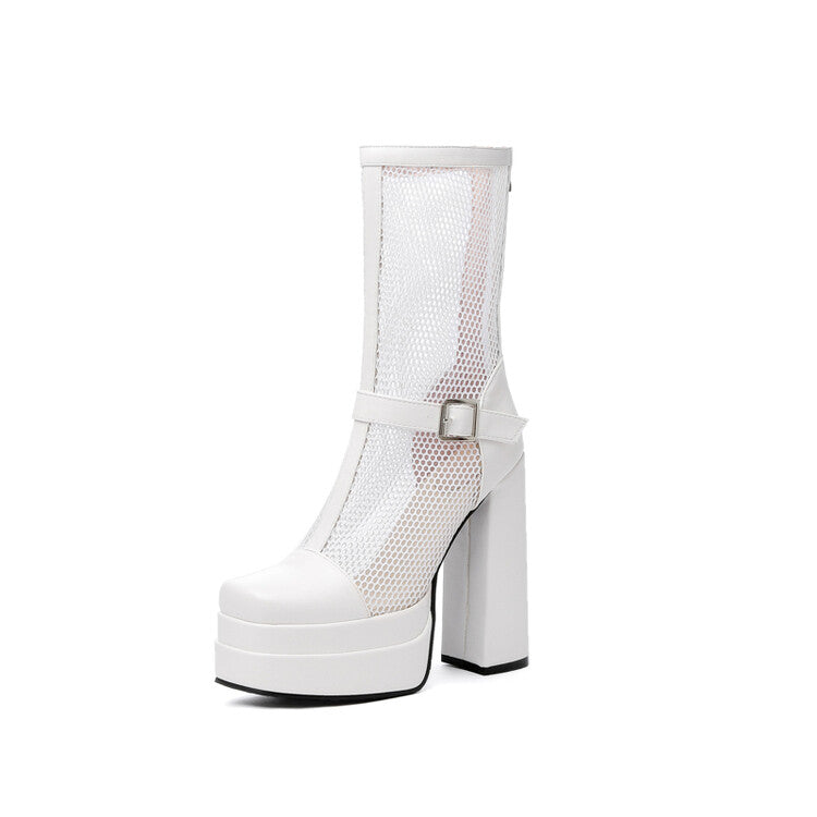 Women Square Toe Mesh Buckle Zipper Block Platform Mid Calf Boots