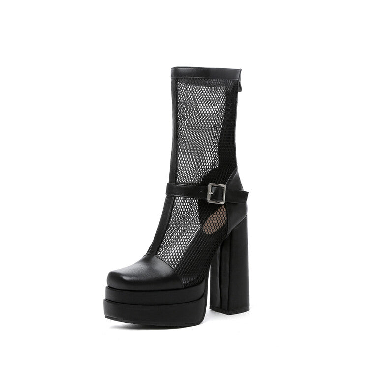 Women Square Toe Mesh Buckle Zipper Block Platform Mid Calf Boots