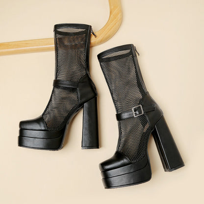 Women Square Toe Mesh Buckle Zipper Block Platform Mid Calf Boots