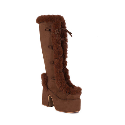 Women Furry Chunky Heel Mid Calf Platform Boots