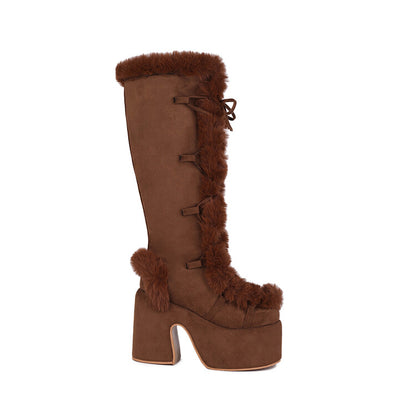 Women Furry Chunky Heel Mid Calf Platform Boots