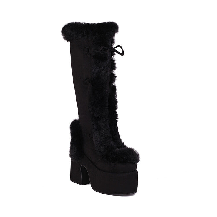 Women Furry Chunky Heel Mid Calf Platform Boots