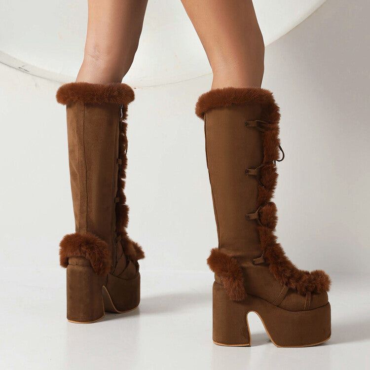 Women Furry Chunky Heel Mid Calf Platform Boots