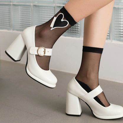 Women Shallow Mary Janes Block Chunky Heel Platform Pumps