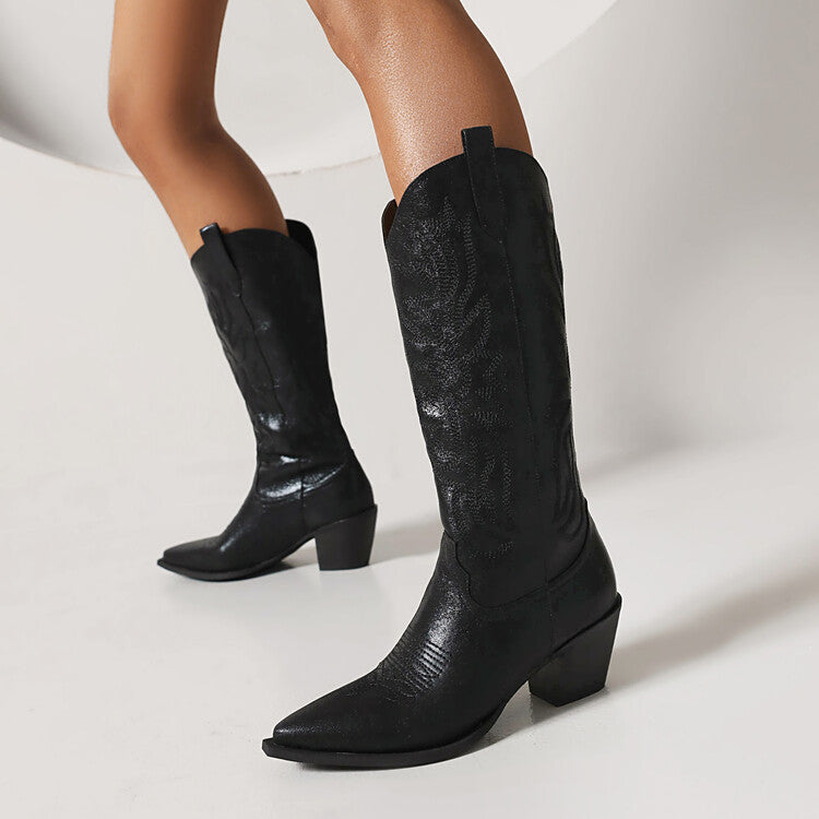 Women Cowboy Pointed Toe Beveled Heel Embroidery Mid Calf Western Boots