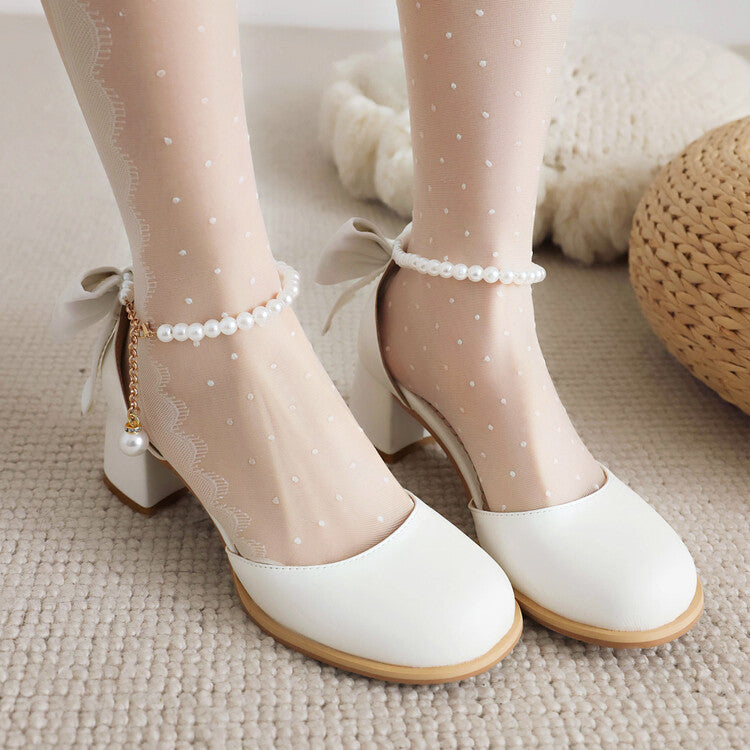Women Round Toe Pearls Beads Bow Tie Block Chunky Heel Sandals