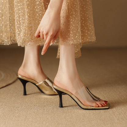Women Metal Patent Clear Spool Heel Slip On Slides Sandals