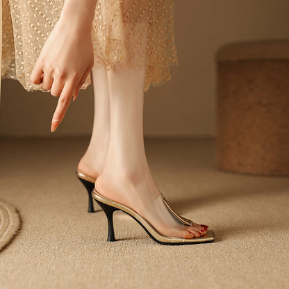 Women Metal Patent Clear Spool Heel Slip On Slides Sandals