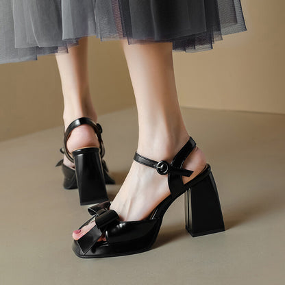 Women Bow Tie Ankle Strap Block Heel Platform Sandals