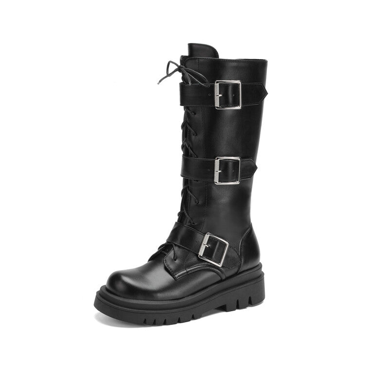 Women Round Toe Buckle Straps Lace-Up Platform Mid Calf Boots