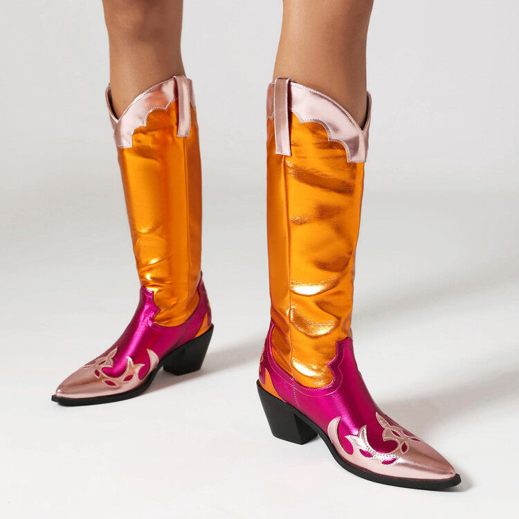 Women Pointed Toe Beveled Heel Glossy Mid Calf Western Boots