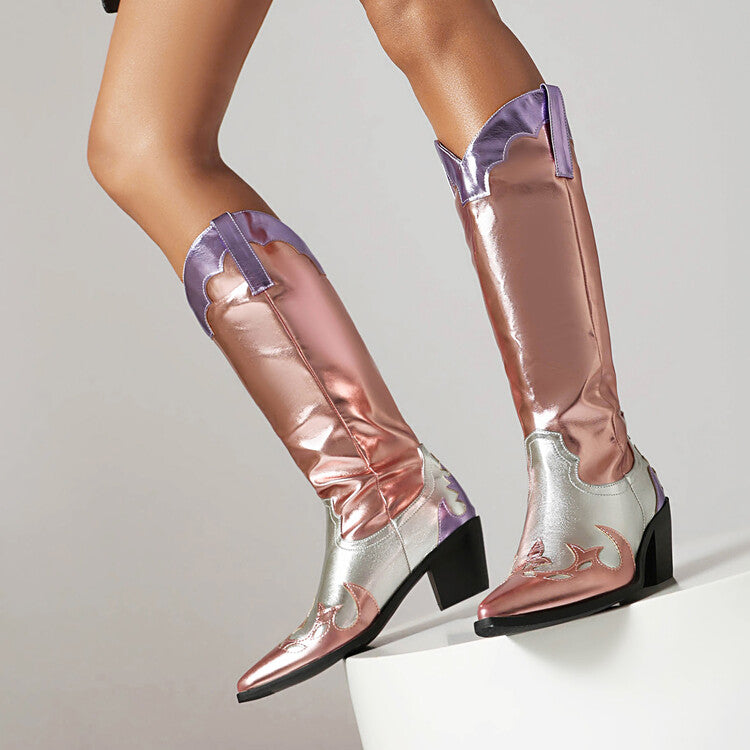 Women Pointed Toe Beveled Heel Glossy Mid Calf Western Boots