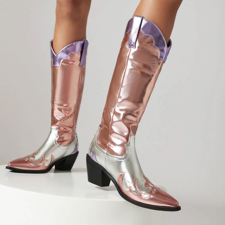 Women Pointed Toe Beveled Heel Glossy Mid Calf Western Boots