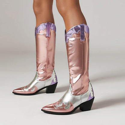 Women Pointed Toe Beveled Heel Glossy Mid Calf Western Boots