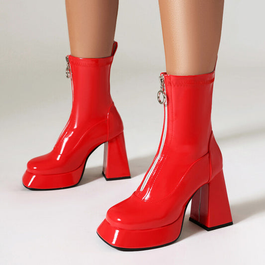 Women Booties Glossy Zippers Chunky Heel Platform Short Boots