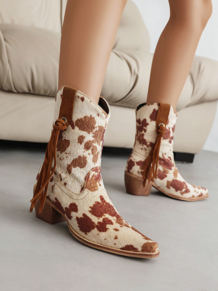 Women Western Pointed Toe Beveled Heel Leopard Patterns Short Boots