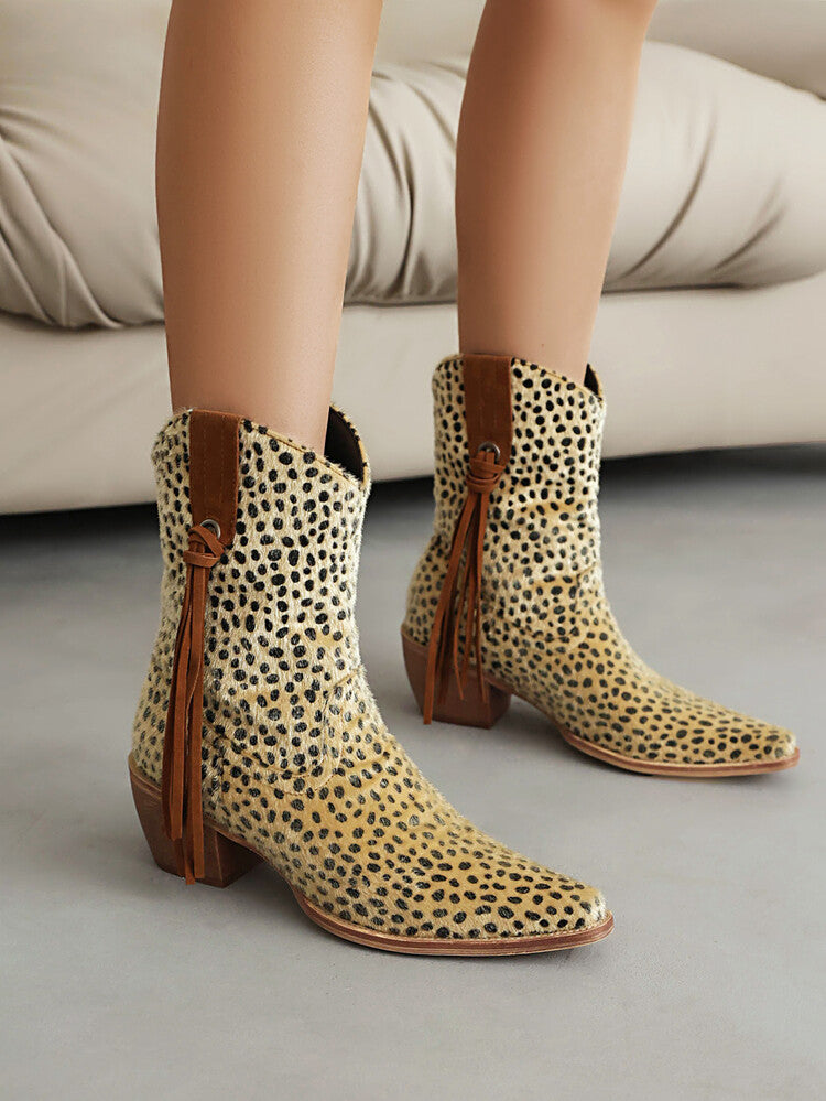 Women Western Pointed Toe Beveled Heel Leopard Patterns Short Boots