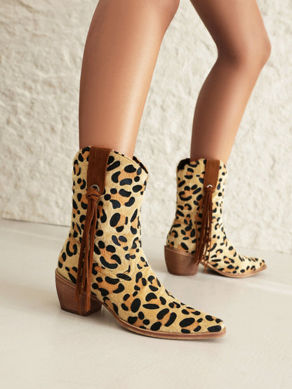 Women Western Pointed Toe Beveled Heel Leopard Patterns Short Boots