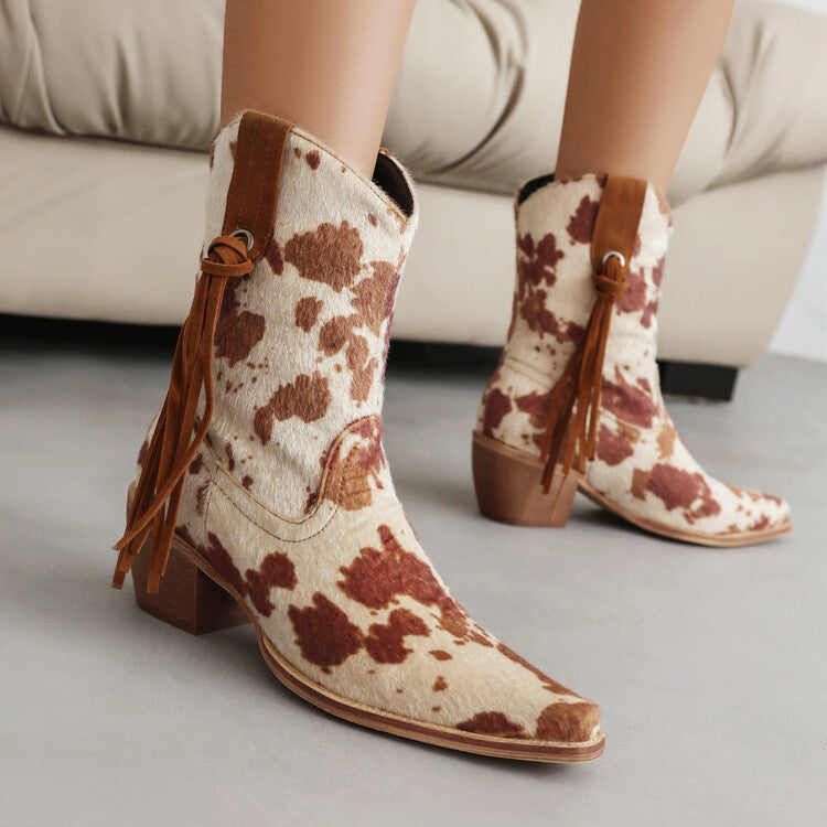 Women Western Pointed Toe Beveled Heel Leopard Patterns Short Boots