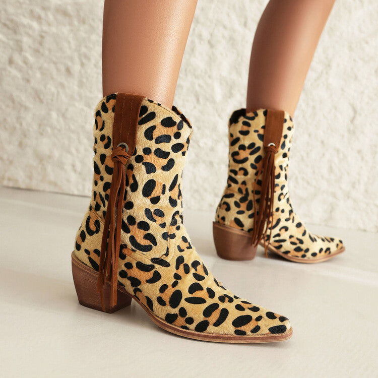 Women Western Pointed Toe Beveled Heel Leopard Patterns Short Boots