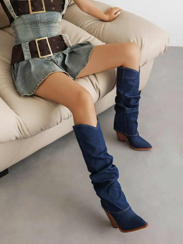 Women Western Cowboy Fold Pointed Toe Beveled Heel Knee High Boots