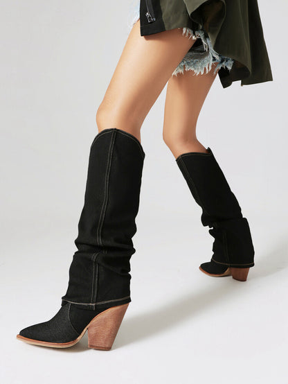 Women Western Cowboy Fold Pointed Toe Beveled Heel Knee High Boots