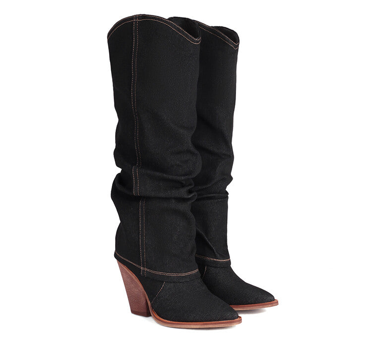 Women Western Cowboy Fold Pointed Toe Beveled Heel Knee High Boots