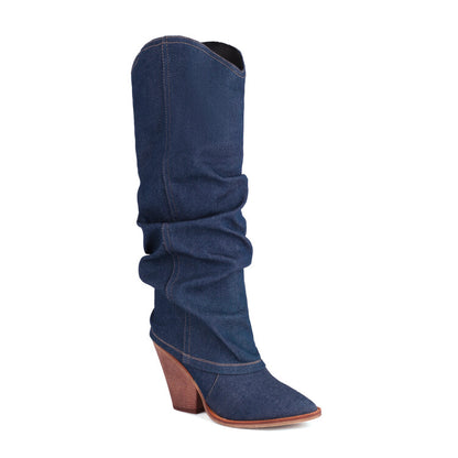 Women Western Cowboy Fold Pointed Toe Beveled Heel Knee High Boots