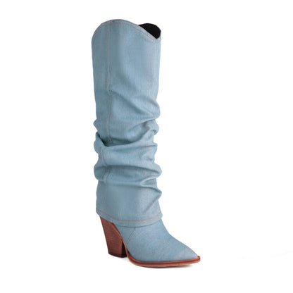 Women Western Cowboy Fold Pointed Toe Beveled Heel Knee High Boots