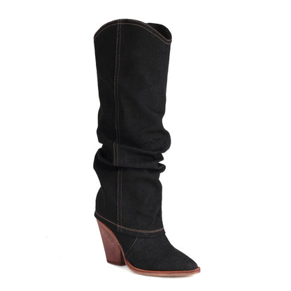 Women Western Cowboy Fold Pointed Toe Beveled Heel Knee High Boots