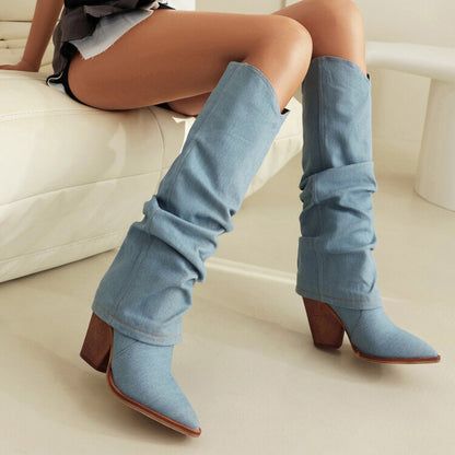 Women Western Cowboy Fold Pointed Toe Beveled Heel Knee High Boots