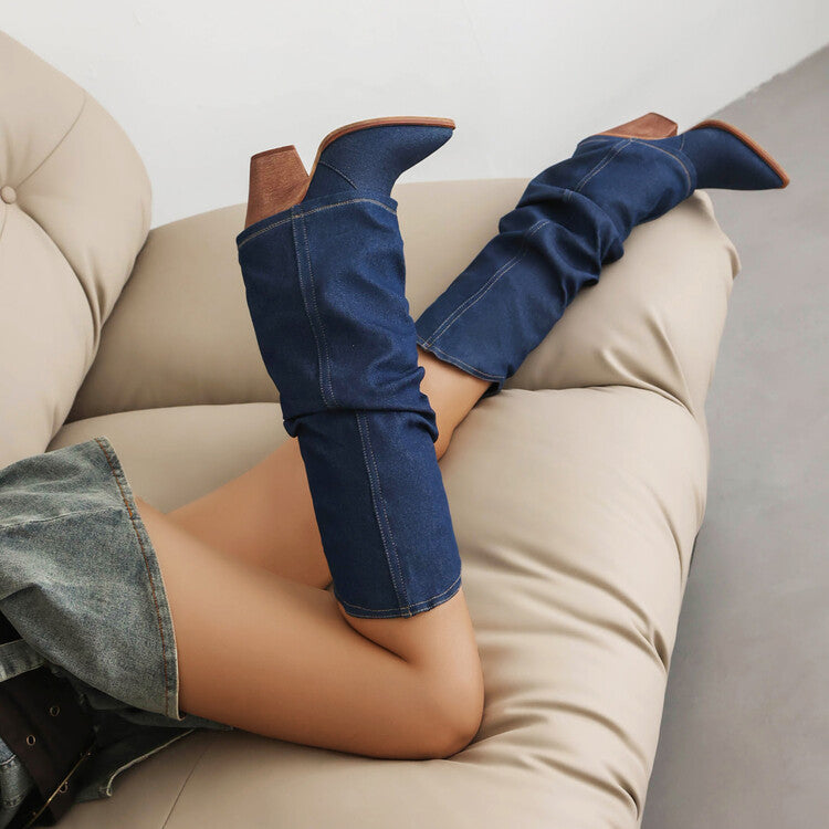 Women Western Cowboy Fold Pointed Toe Beveled Heel Knee High Boots