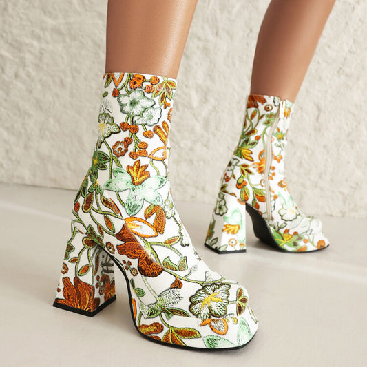 Women Booties Flowers Prints Block Chunky Heel Platform Ankle Boots