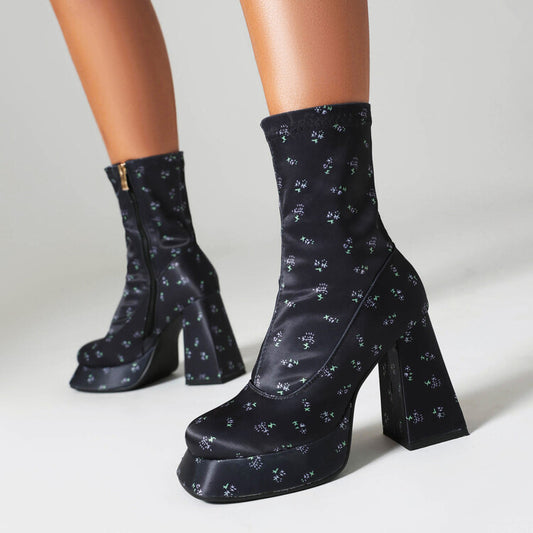 Women Booties Prints Zippers Chunky Heel Platform Short Boots