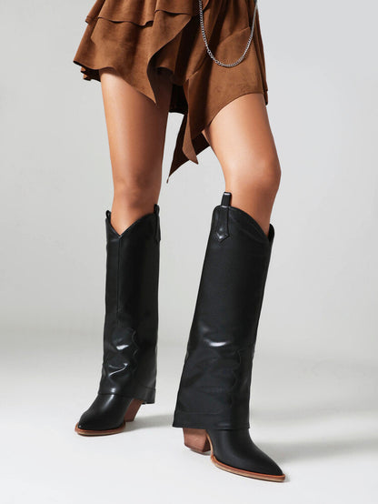 Women Western Boots Fold Pointed Toe Beveled Heel Knee High Boots